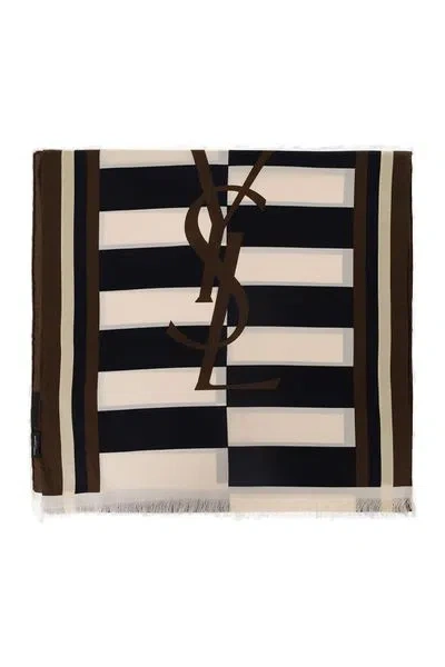 Saint Laurent Luxurious Multicolour Silk Scarf For Men | Ss23 Collection In Tan