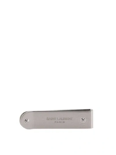 Saint Laurent Luxury Leather Money Clip With Metallic Details In Silver