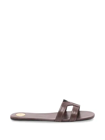 Saint Laurent Mabrouka Smooth Leather Double Strap Slides In Brown