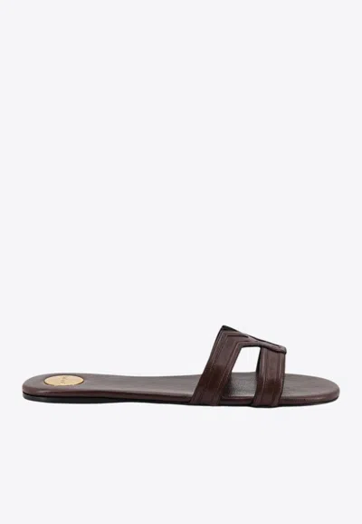 Saint Laurent Mabrouka Logo Leather Slides In Brown