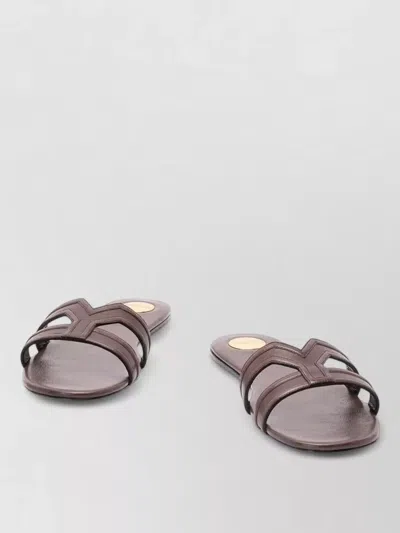 Saint Laurent Mabrouka Smooth Leather Double Strap Slides In Brown