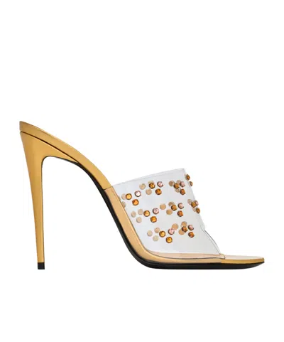 Saint Laurent Mae Mules In Tpu And Crystals In Gold