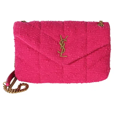 Pre-owned Saint Laurent Magenta Quilted Boucle Tweed Toy Loulou Puffer Chain Satchel In Red