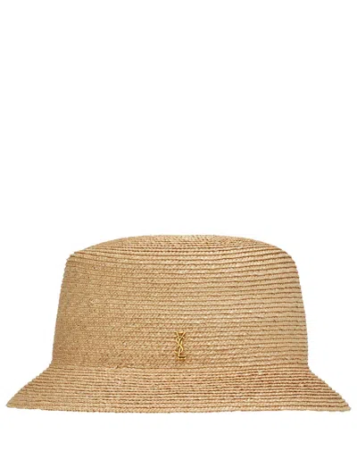 Saint Laurent Maglina Straw Bucket Hat With Cassandre Pin In Neutral