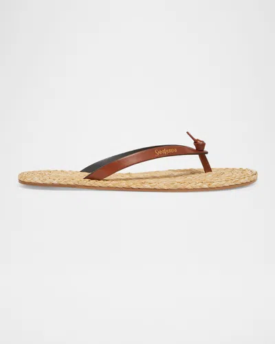 Saint Laurent Maine Raffia And Leather Thong Sandals In Multi