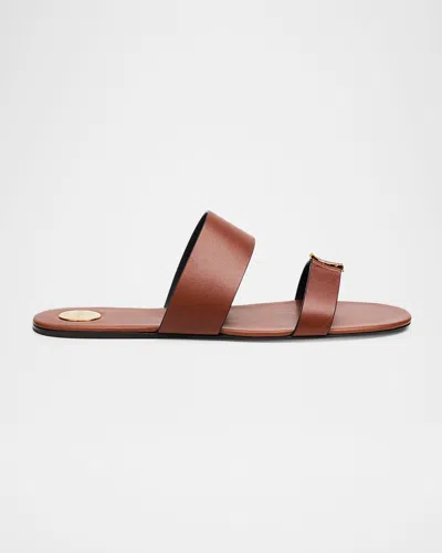 Saint Laurent Maine Ysl Leather Slide Sandals In Brown