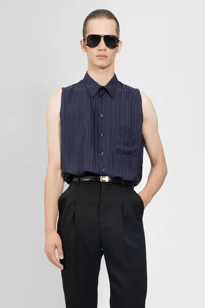 Saint Laurent Sleeveless Silk Shirt In Marine Blue