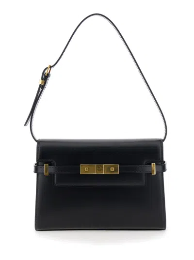 Saint Laurent 'manhattan' Black Shoulder Bag With Engraved Logo In Leather Woman In Multicolor