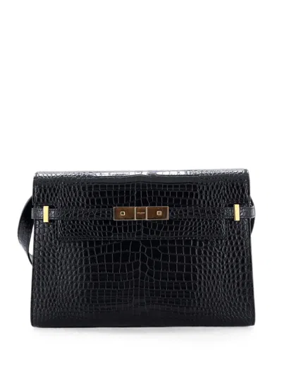 Pre-owned Saint Laurent Manhattan Crocodile Embossed Leather Medium Shoulder Bag In Black