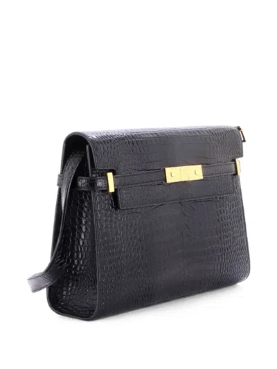 Pre-owned Saint Laurent Manhattan Crocodile Embossed Leather Medium Shoulder Bag In Black