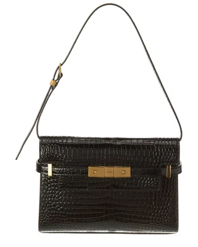 Saint Laurent Manhattan Small Croc-embossed Leather Shoulder Bag In Black