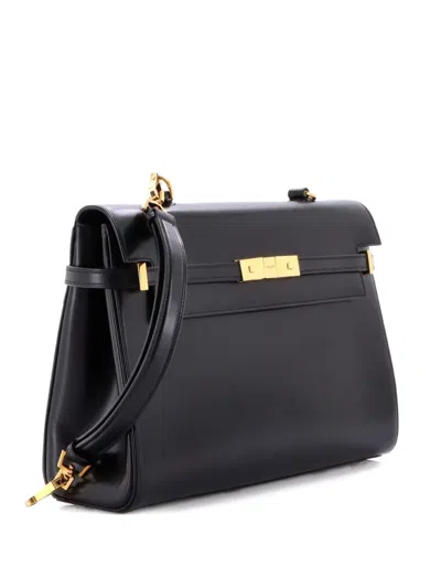 Pre-owned Saint Laurent Manhattan Top Handle Flap Bag Canvas With Leather Medium Satchel In Black