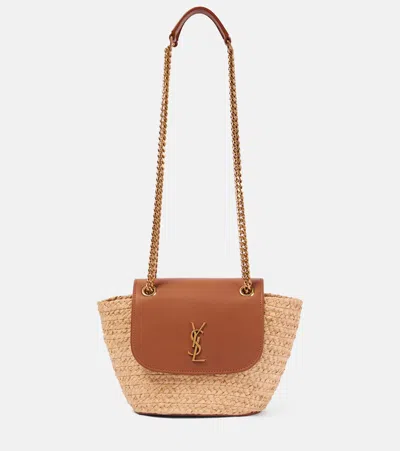Saint Laurent Manon Mini Raffia And Leather Shoulder Bag In Naturel + Brick