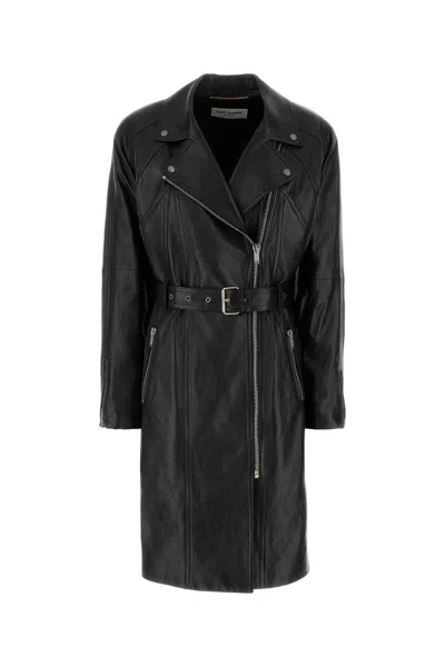 SAINT LAURENT BLACK LEATHER TRENCH COAT