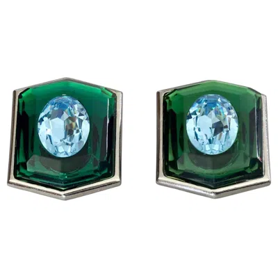 Pre-owned Saint Laurent Massive Yves  Ysl Blue Rhinestone Green Lucite Hexagon Earrings