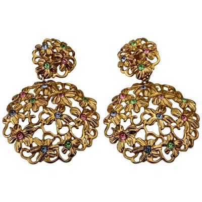 Pre-owned Saint Laurent Massive Yves  Ysl Openwork Rhinestone Flower Dangling Earrings In Brown