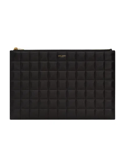 Saint Laurent Matelassé Carré Tablet Pouch In Lambskin In Black