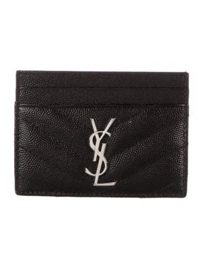 Pre-owned Saint Laurent Matelasse Chevron Monogram Leather Card Holder In Black