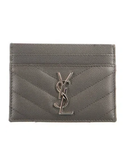 Pre-owned Saint Laurent Matelasse Grain De Poudre Cassandre Card Holder Chevron Card Holder In Gray