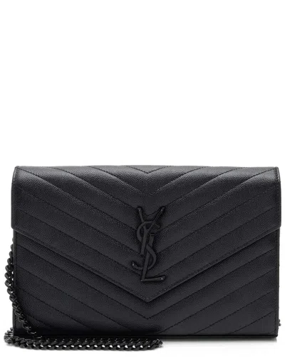 Saint Laurent Matelassé Grain De Poudre Monogram Chain Wallet (authentic Pre-loved) In Black