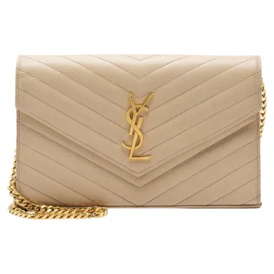 Pre-owned Saint Laurent Matelasse Grain De Poudre Monogram Chain Wallet In Beige