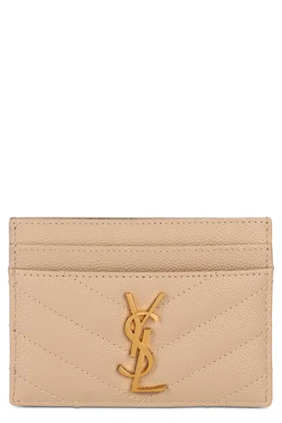 Saint Laurent Matelassé Leather Card Case In Beige
