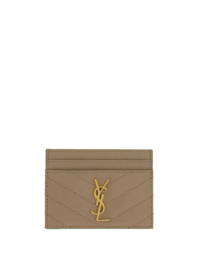 Saint Laurent Matelassé Leather Card Holder With Logo In Beige