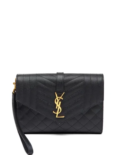 Pre-owned Saint Laurent Matelassé Ysl-monogram Clutch Bag In Black