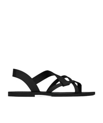 Saint Laurent Matt Flat Leather Sandals In Black