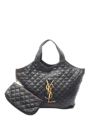 Pre-owned Saint Laurent Maxi 2010s Icare Calf Leather Quilted Tote Bag In Black