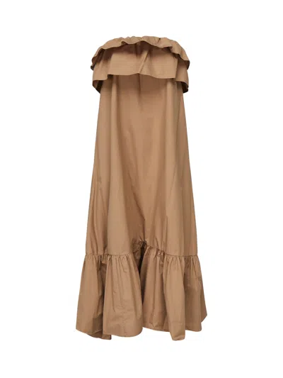 Saint Laurent Beige Cotton Serge Ruffled Dress In Brown