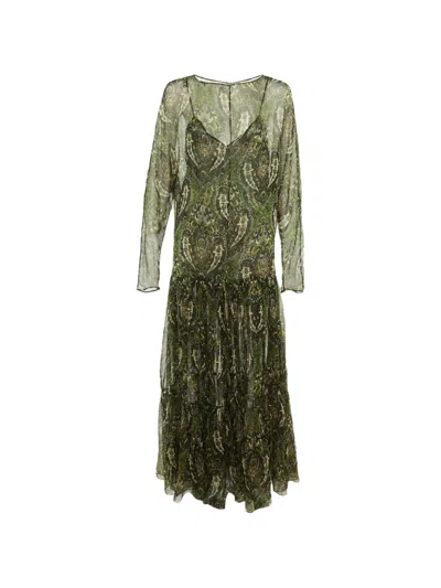 Pre-owned Saint Laurent Maxi Paisley-print Sheer Dress In Green