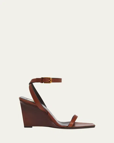 SAINT LAURENT MAY LEATHER ANKLE-STRAP WEDGE SANDALS