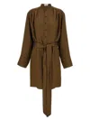 Saint Laurent Belted High-collar Dress In Patterned Fabric In Brown