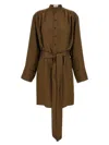 Saint Laurent Belted High-collar Dress In Patterned Fabric In Brown