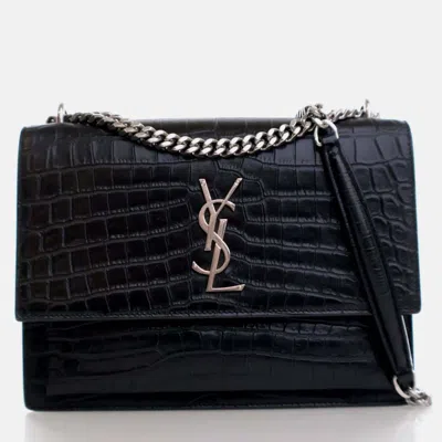 Pre-owned Saint Laurent Medium Calfskin Embossed Sunset Flap Bag In Black
