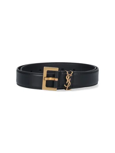 Saint Laurent Cassandre Belt With Square Buckle In Smooth Leather Accessories In Black