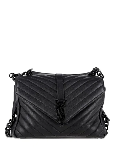 Pre-owned Saint Laurent Medium College Chevron-quilted Shoulder Bag In Black