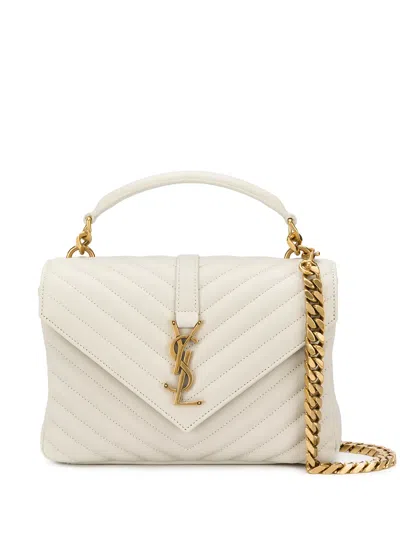 Saint Laurent Logo Plaque Quilted Shoulder Bag In Neutrals