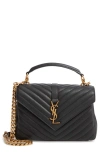 Saint Laurent College Medium Ysl Matelasse Lambskin V-flap Crossbody Bag With Golden Hardware In Noir