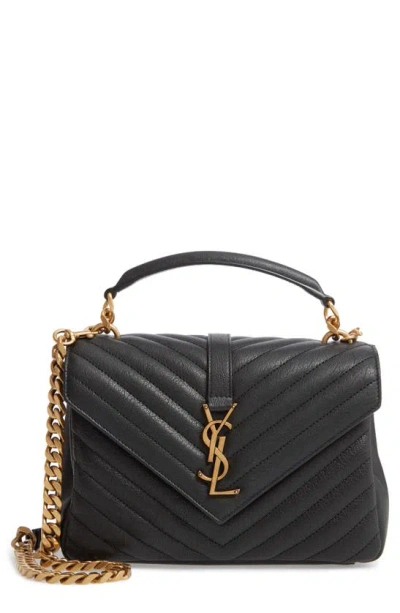 Saint Laurent College Medium Ysl Matelasse Lambskin V-flap Crossbody Bag With Golden Hardware In Noir