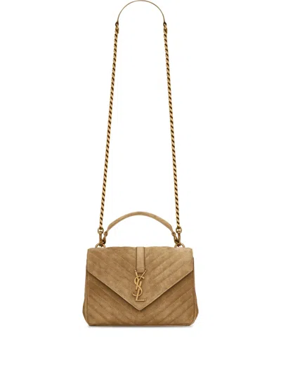 Saint Laurent Medium College Quilted Suede Shoulder Bag