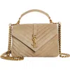 Saint Laurent College Medium Flap Ysl Shoulder Bag In Quilted Suede In Matt Gold