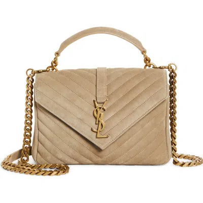 Saint Laurent College Medium Flap Ysl Shoulder Bag In Quilted Suede In Matt Gold