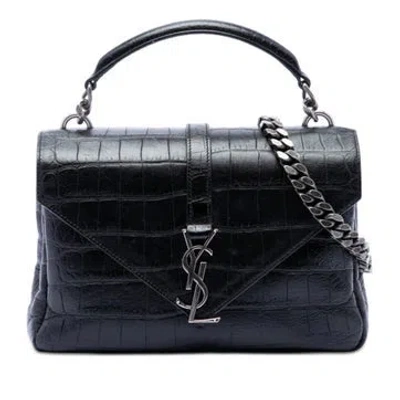 Pre-owned Saint Laurent Medium Croc Embossed Calfskin Leather Monogram College Satchel In Black