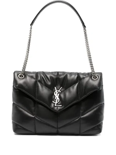 Saint Laurent Medium Loulou Puffer Chevron-logo Shoulder Bag In Black