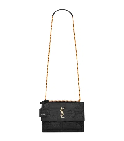 Saint Laurent Medium Sunset Croc-embossed Shoulder Bag In Black