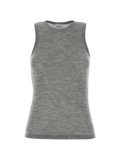 Saint Laurent Melange Grey Cashmere Tank Top In Burgundy