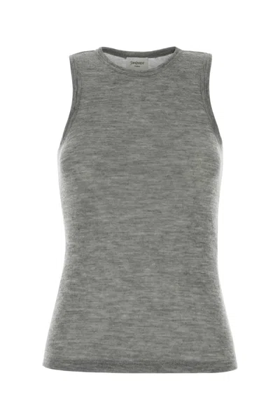 Saint Laurent Melange Grey Cashmere Tank Top In Burgundy