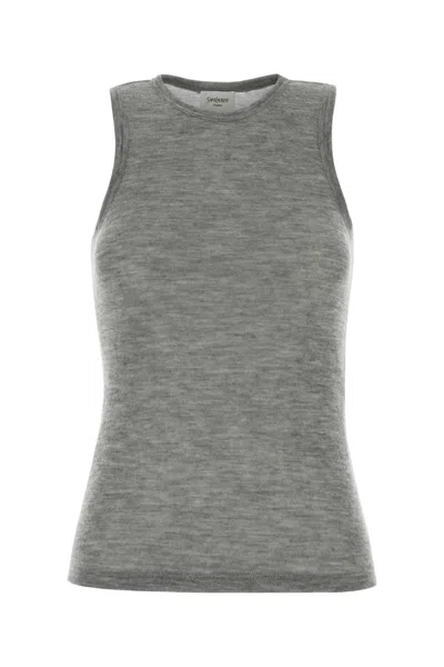 Saint Laurent Melange Grey Cashmere Tank Top In Gray